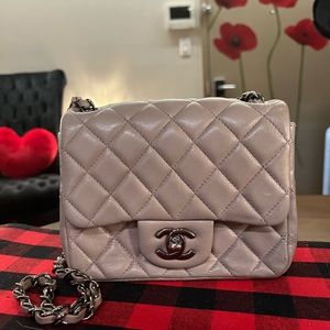 100% Authentic Chanel Beige Tan Square Mini Flap W/ Ruthenium Hardware Lambskin